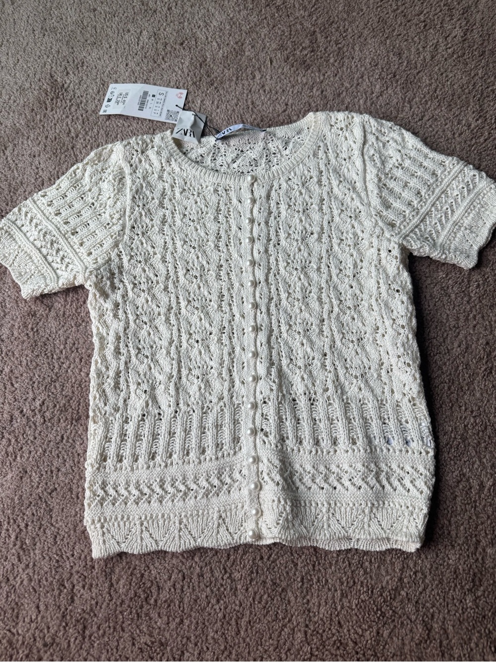 ZARA White Crochet Knit Button Up Short Sleeve Sweater Small